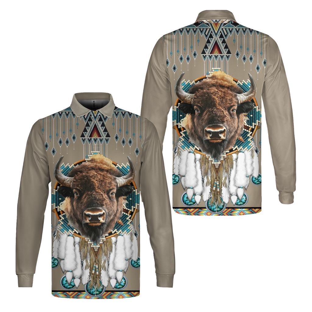 MTS0021 Bison Pattern Native American Long Sleeve Polo Shirt