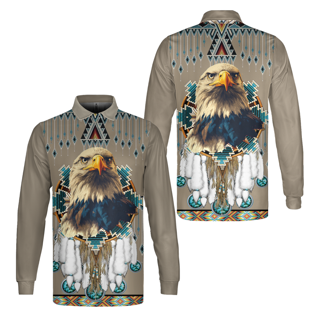 MTS0023 Eagle Pattern Native American Long Sleeve Polo Shirt