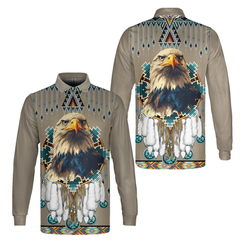 MTS0023 Eagle Pattern Native American Long Sleeve Polo Shirt