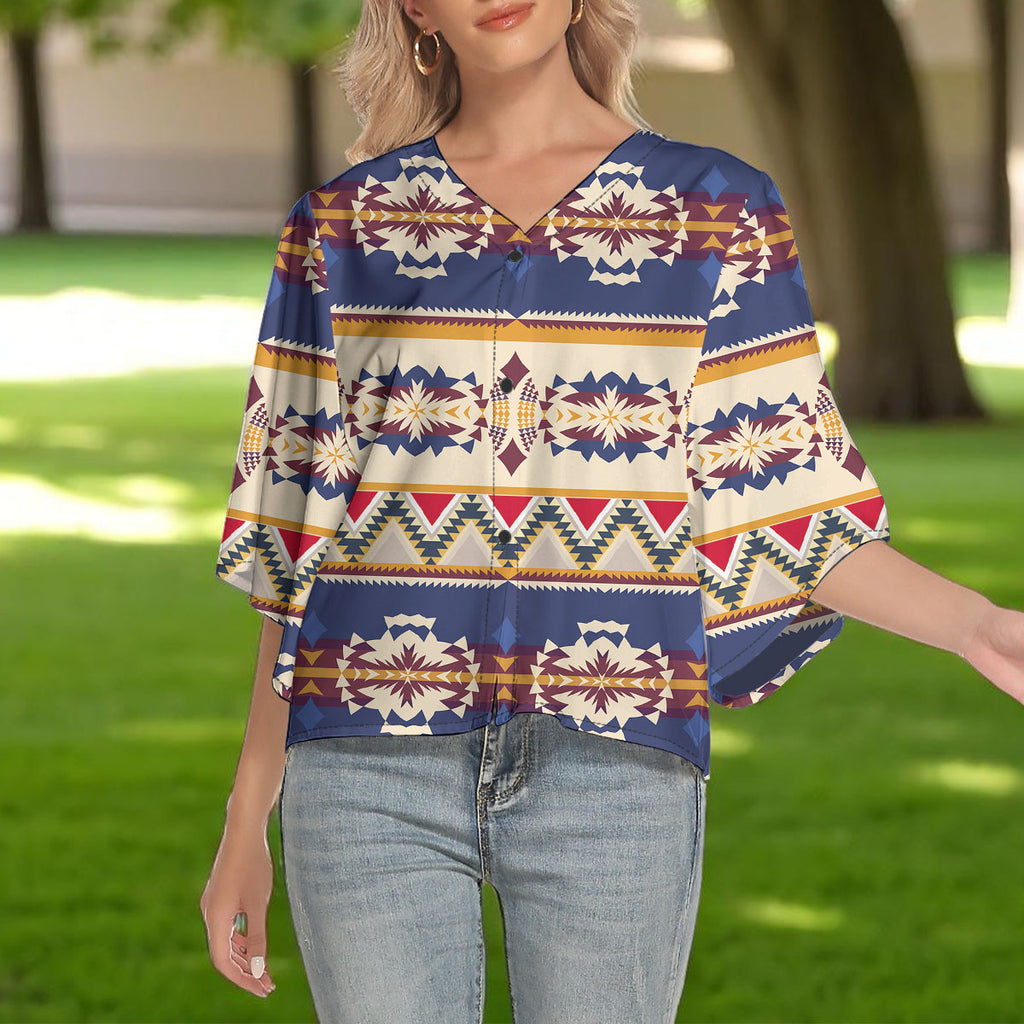 MXD00020 Native American Women V-Neck Batwing Sleeve Button Top
