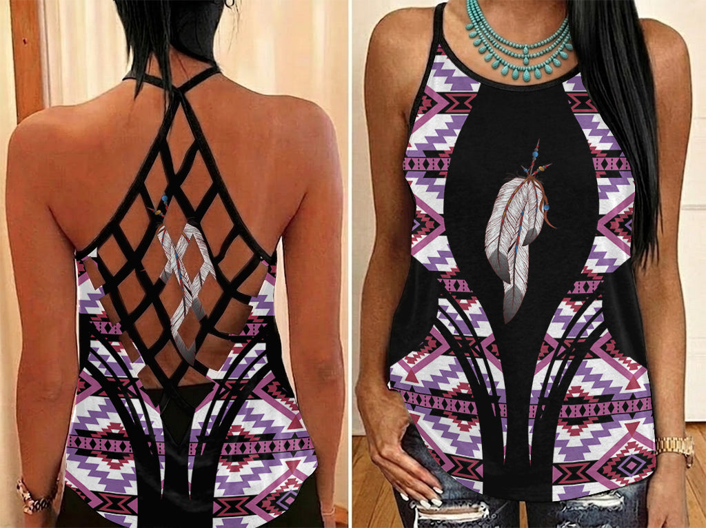 MXD00072 Feather Native American Criss-Cross Open Back Tank Top