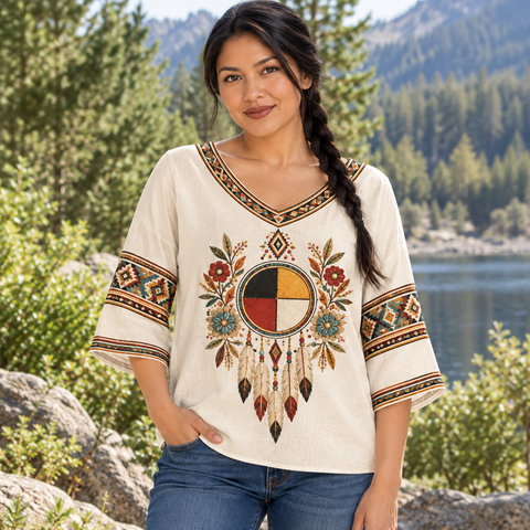 Medicine Wheel Dreamcatcher Native American-Inspired Women's V-Neck 3-Quarter Sleeve Top WVS028