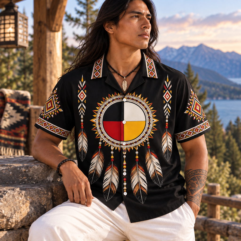 Medicine Wheel Feather Native American-Inspired 3D Hawaiian Shirt HWm030