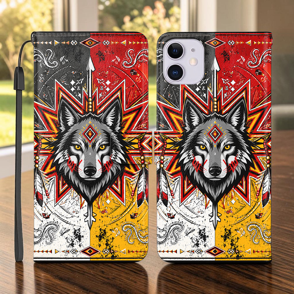 Medicine Wolf Native American-Inspired Leather Wallet Phone Case DS260730M13