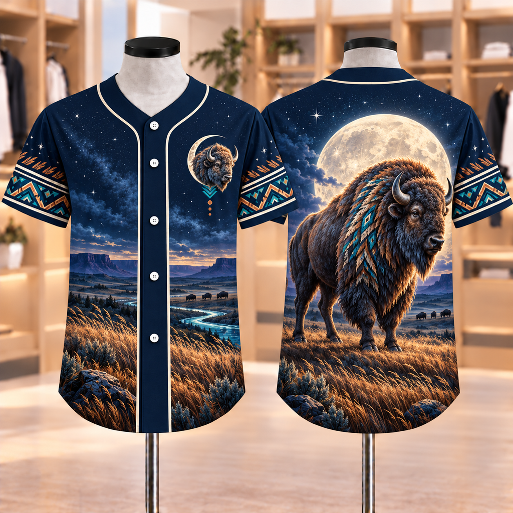 Moonlit Buffalo Guardian Native American-Inspired Baseball Jersey BSm054