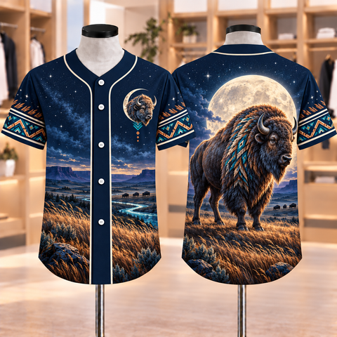 Moonlit Buffalo Guardian Native American-Inspired Baseball Jersey BSm054