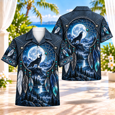 Moonlit Howling Wolf Dreamcatcher Native American-Inspired 3D Hawaiian Shirt HWm046