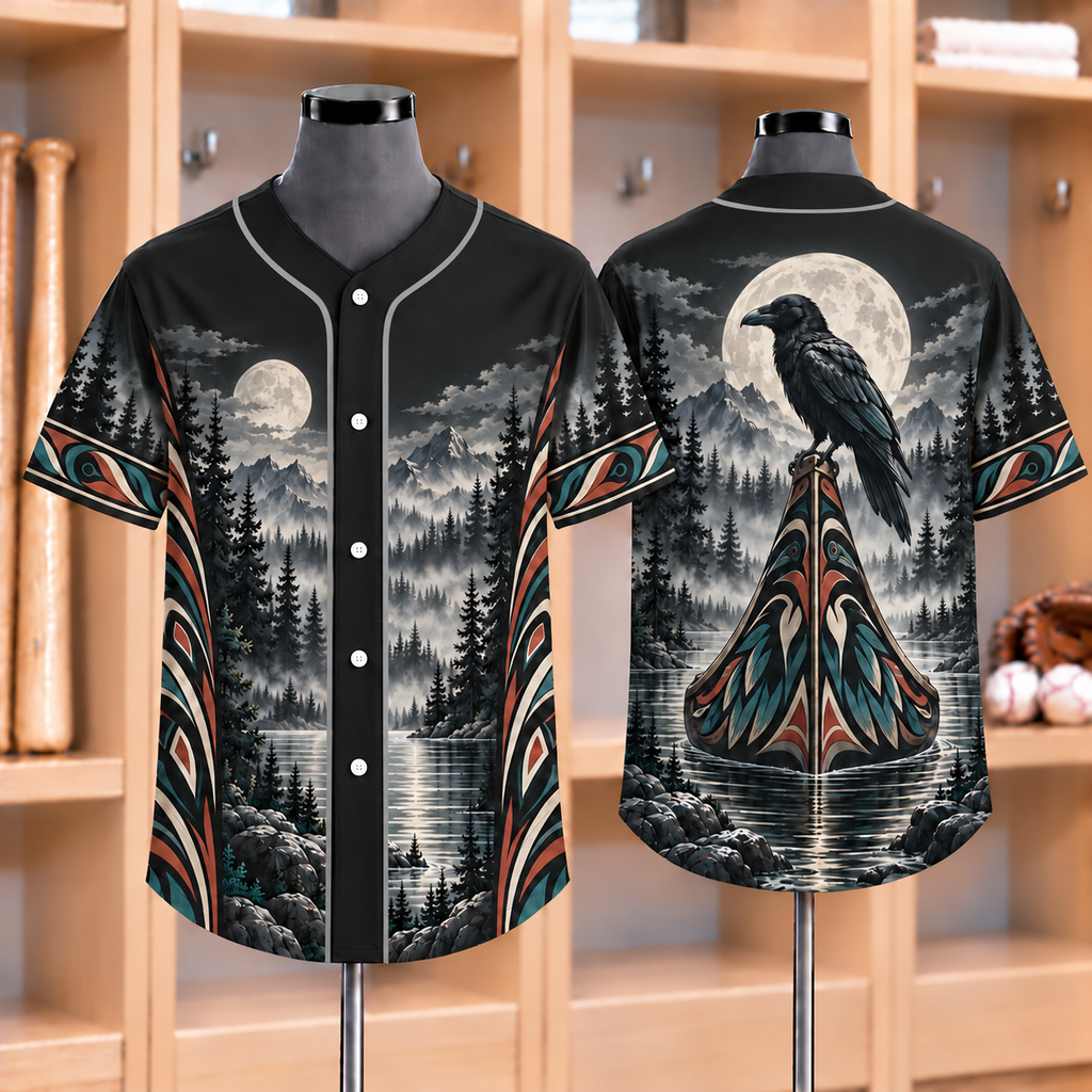 Moonlit Raven Canoe Native American-Inspired Baseball Jersey BSm037