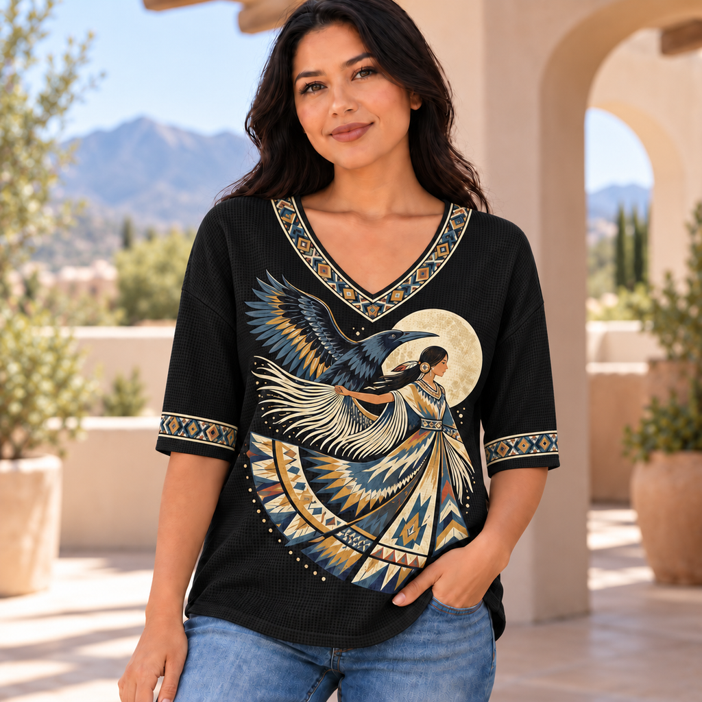 Moonlit Raven Dancer Native American-Inspired Women's V-Neck 3-Quarter Sleeve Top WVS004