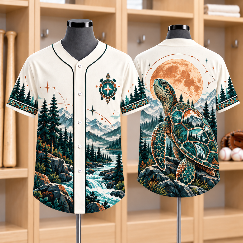 Moonlit Turtle Wilderness Native American-Inspired Baseball Jersey BSm033