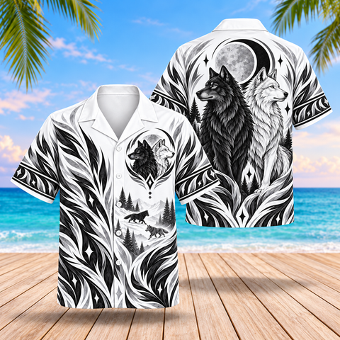 Moonlit Twin Wolves Native American-Inspired 3D Hawaiian Shirt BSm046