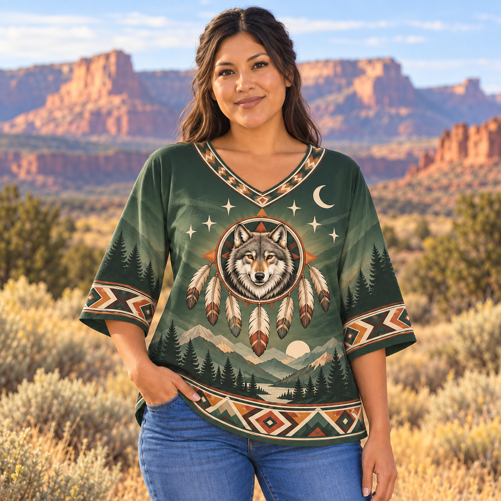 Moonlit Wolf & Mountain Native American-Inspired Women's V-Neck 3-Quarter Sleeve Top WVS035