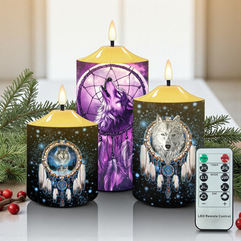 N7-33 Wolf Dreamcatcher Pattern Native American Bullet candles - Set of 3