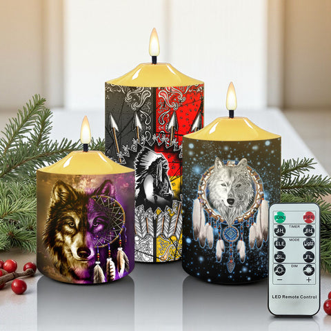 N7-34 Wolf Dreamcatcher Pattern Native American Bullet candles - Set of 3