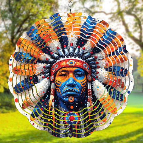 Powwow StoreNAT240621M002  Chief Native Blue Yellow Listen to the wind & Chief Native Vintage Wind Spinner