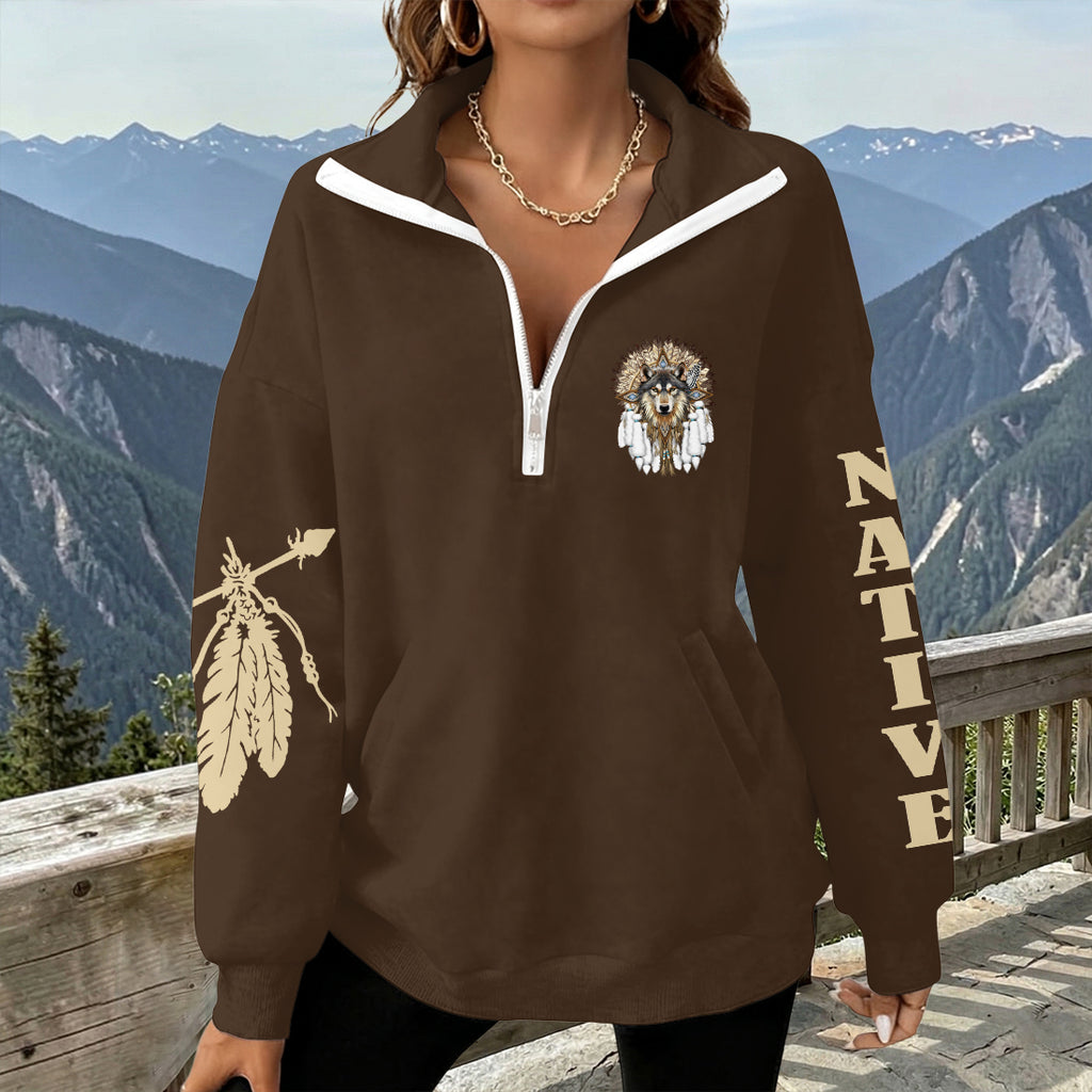 NAT240624-M003 Wolf Native Life is ironic Native American Women Half-Zip Sweatshirt With Fleece