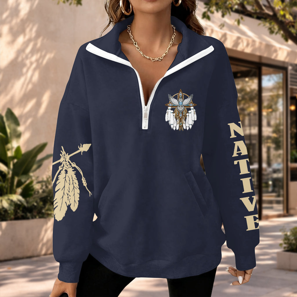 NAT240624-M004 Native Life is ironic Native American Women Half-Zip Sweatshirt With Fleece