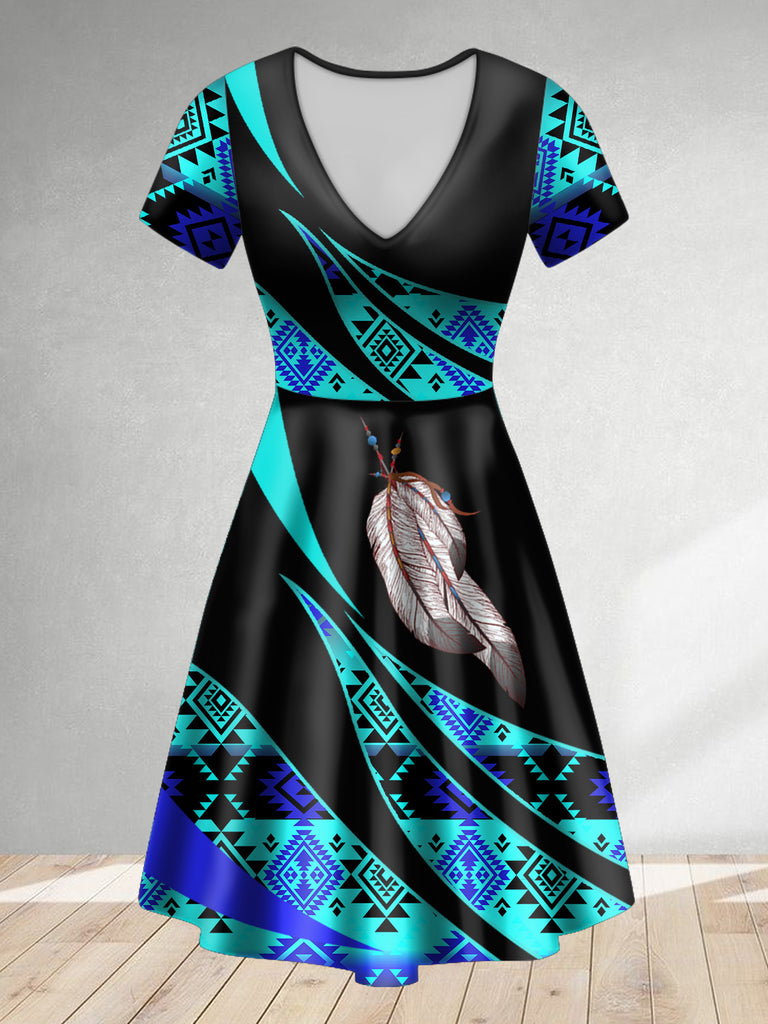 ND250217M01 Feather Native American V-neck Dress