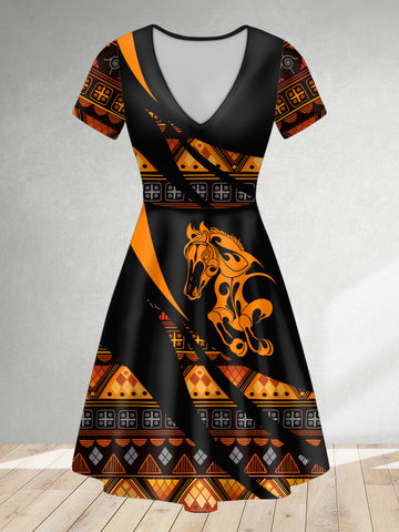 ND250217M02 Horse Native American V-neck Dress