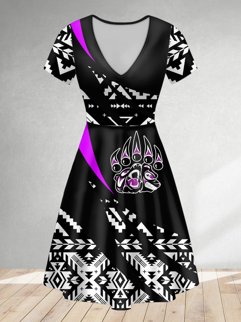 ND250217M03 Purple Bear Paw Native American V-neck Dress