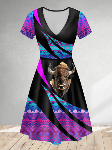 ND250217M06 Bison Native American V-neck Dress