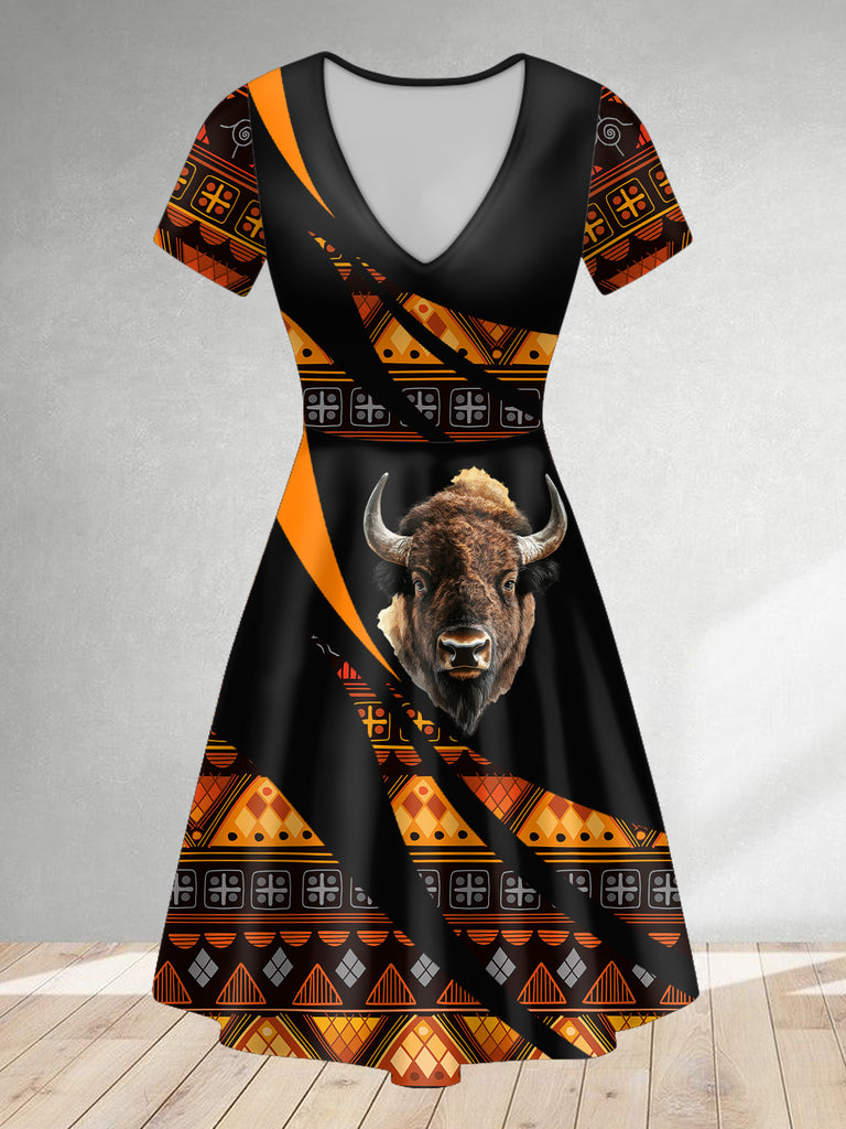 ND250217M08 Bison Native American V-neck Dress