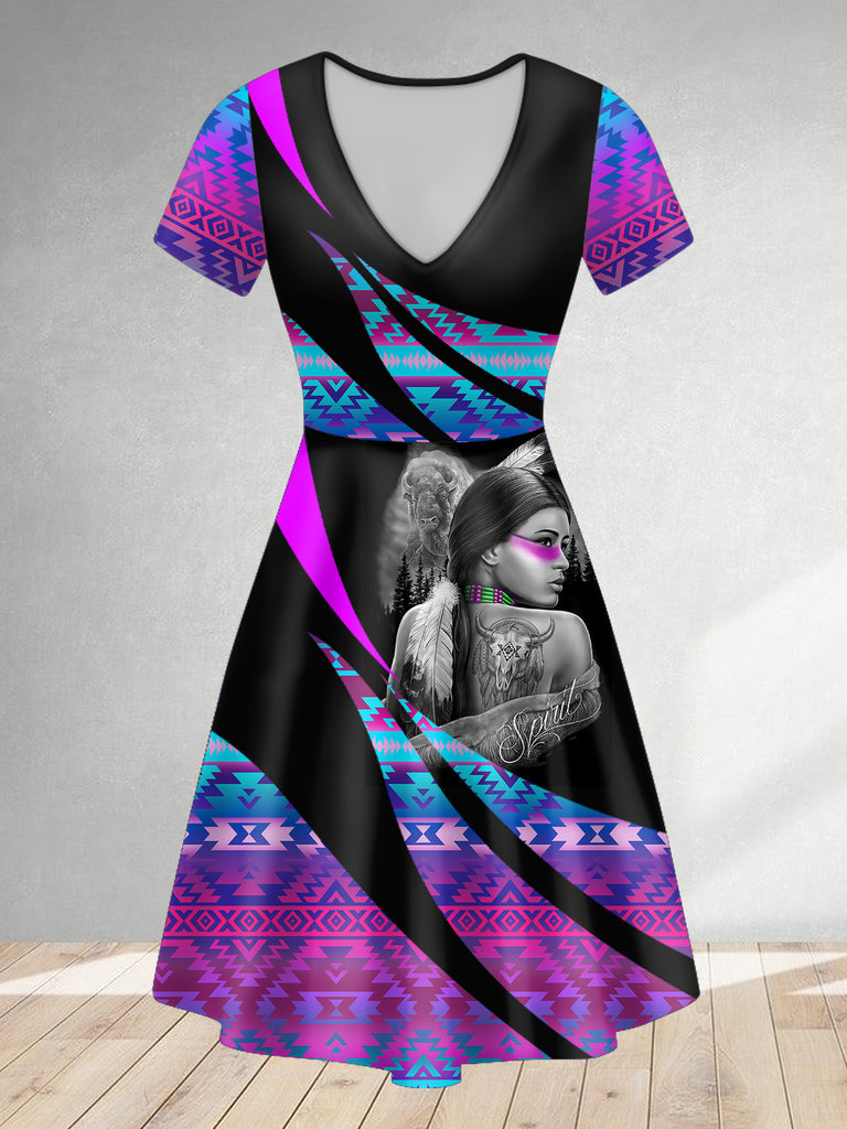 ND250217M09 Woman Spirit Native American V-neck Dress