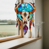 Bull Skull and Feather Native American Acrylic Suncatcher - 241119-SC001