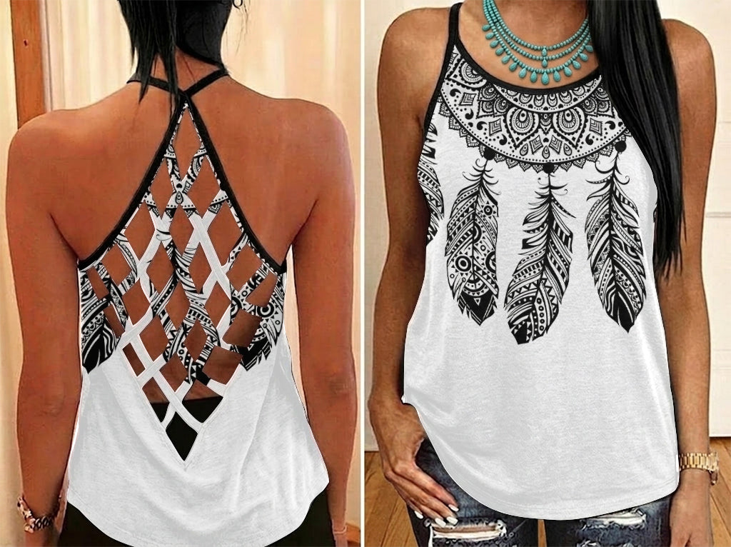 Native American Dreamcatcher Mandala Criss-Cross Open Back Tank Top