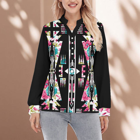 Native American Flower Arrow Women Long Sleeve Blouse With Button Closure