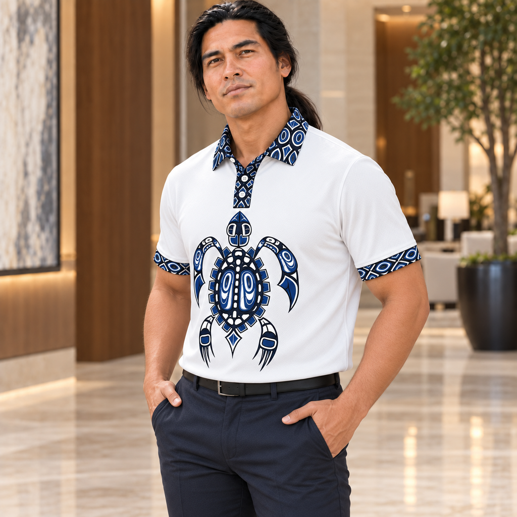 Navy Blue Geometric Turtle Art Native American-Inspired Polo T-Shirt 3D PLm024