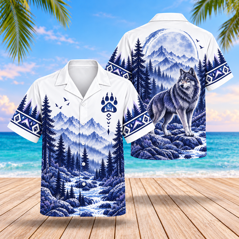 Navy Blue Wolf Wilderness Native American-Inspired 3D Hawaiian Shirt BSm043