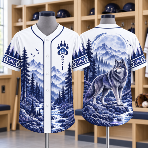 Navy Blue Wolf Wilderness Native American-Inspired Baseball Jersey BSm043