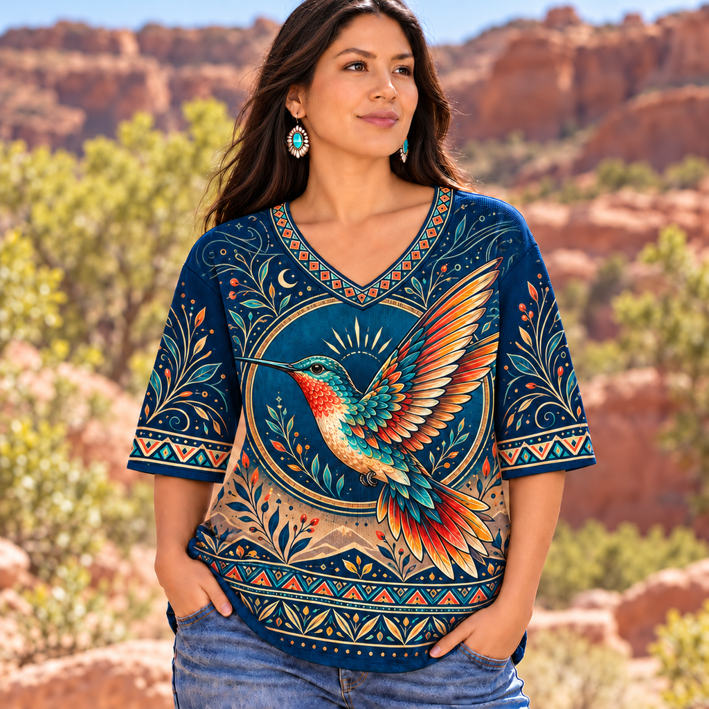Navy Hummingbird Floral Native American-Inspired Women's V-Neck 3-Quarter Sleeve Top WVS006