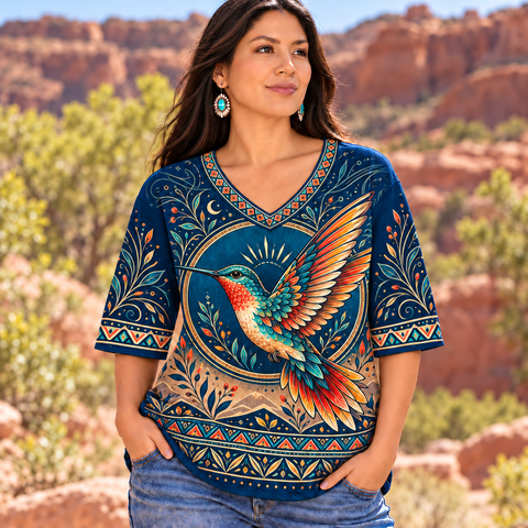 Navy Hummingbird Floral Native American-Inspired Women's V-Neck 3-Quarter Sleeve Top WVS006