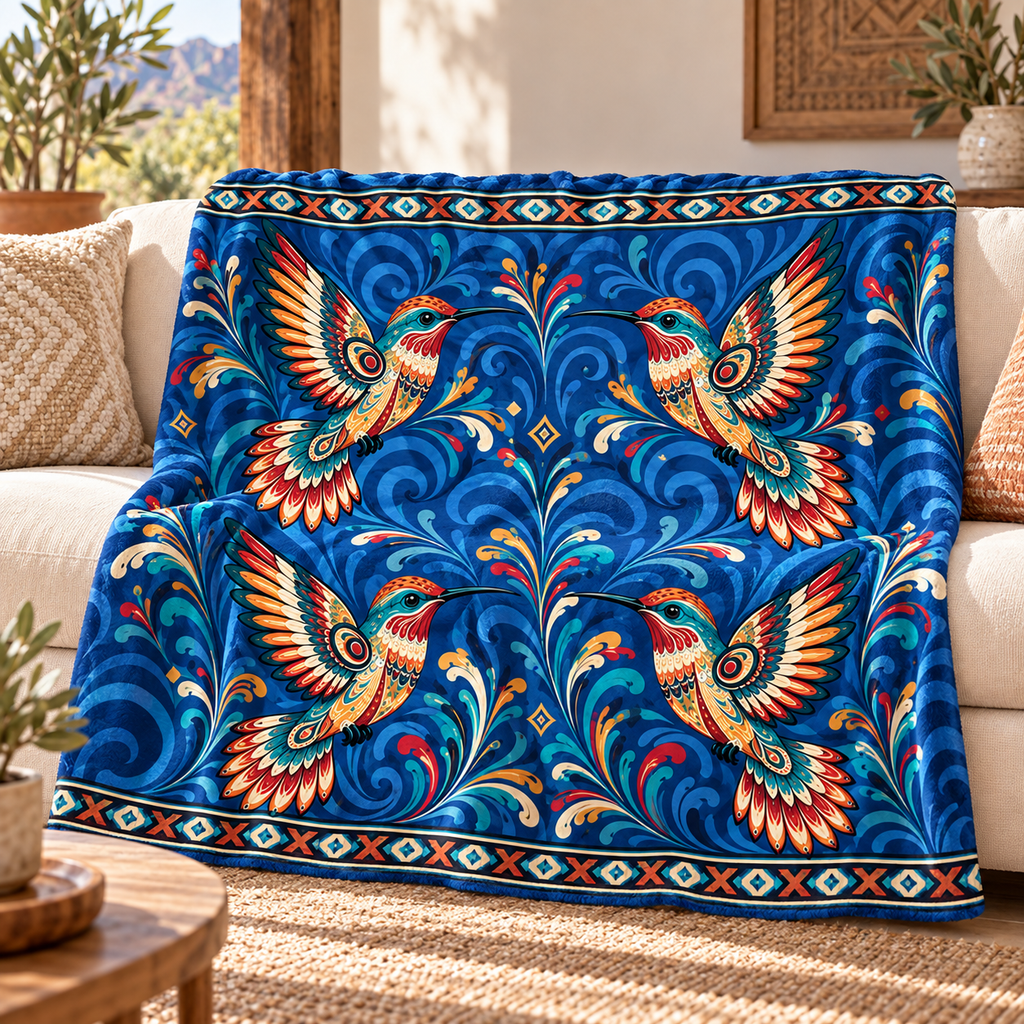 Navy Hummingbird Wave Native American-Inspired Blanket BLm006
