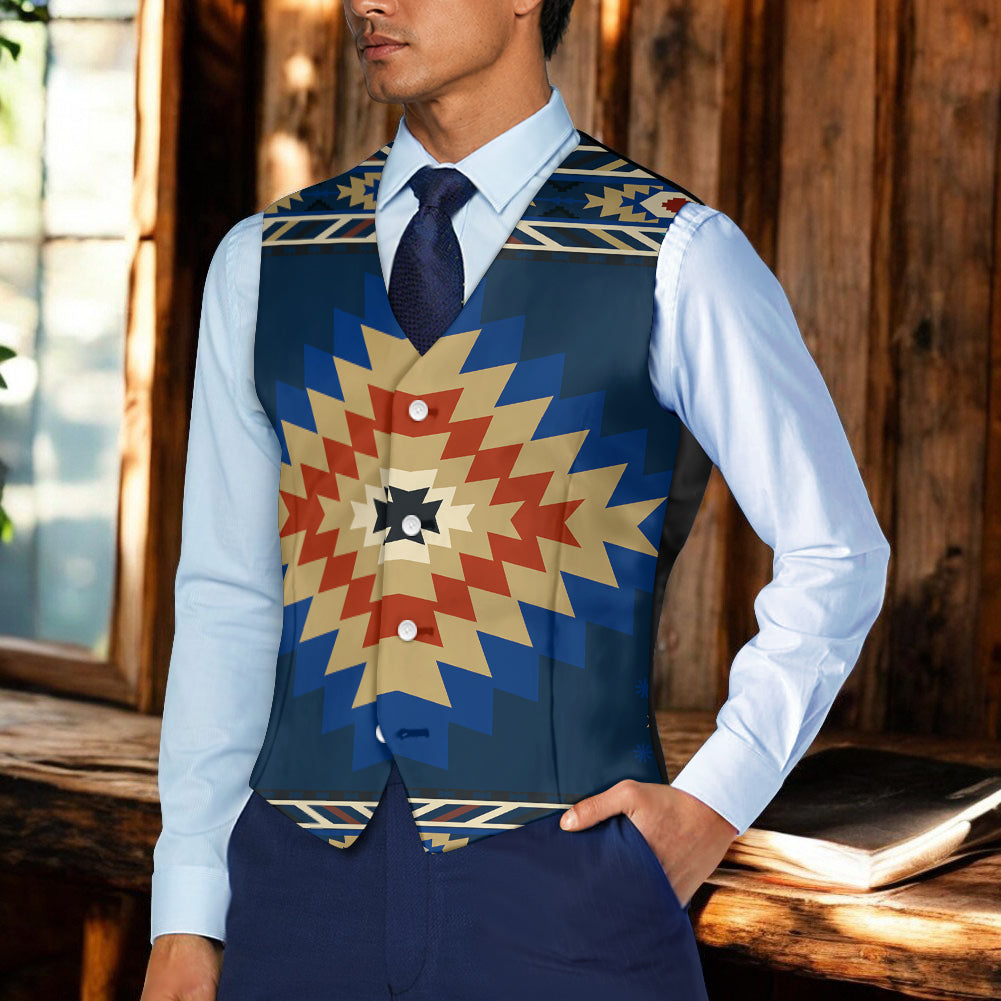 Navy Pattern Native American Suit Vest Jacket Print One Side Front DS260420M04