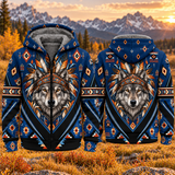 Navy Wolf Spirit Chief Native American-Inspired 3D Fleece Hoodie HWm042v2