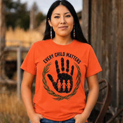 Orange Handprint Sweetgrass Graphic Native American-Inspired 2D T-Shirt TSm027