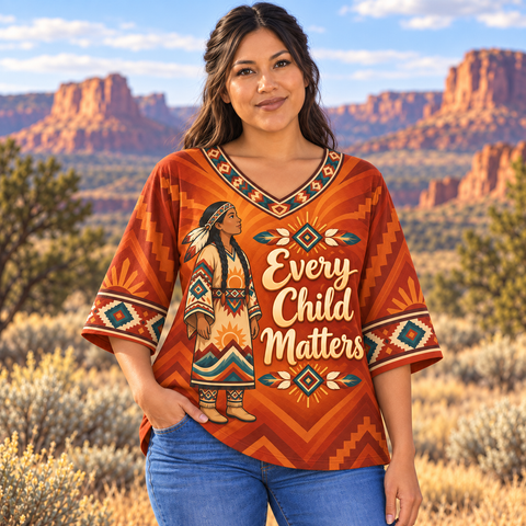 Orange Heritage Native American-Inspired Women's V-Neck 3-Quarter Sleeve Top WVS036