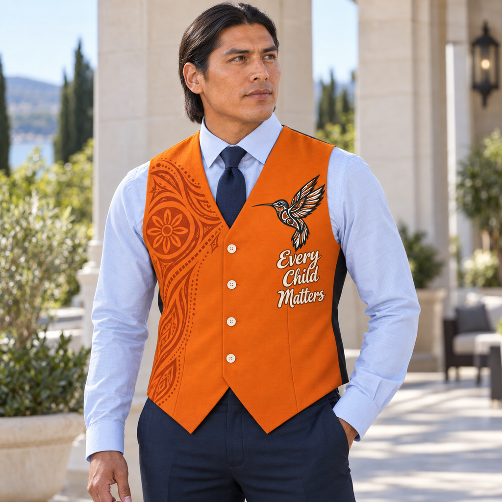 Orange Hummingbird Native American-Inspired Suit Vest Jacket Print One Side Front VJm001