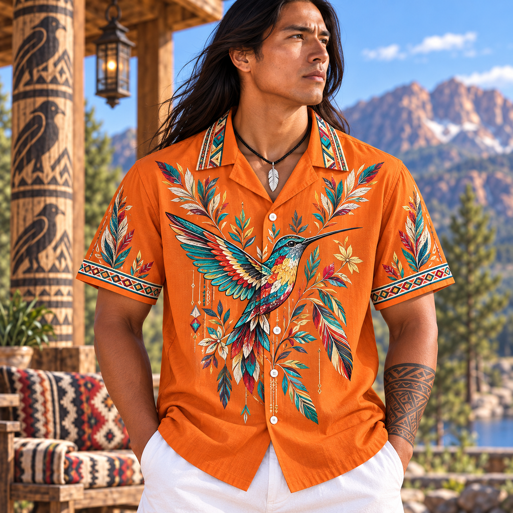 Orange Hummingbirds Native American-Inspired 3D Hawaiian Shirt HWm035