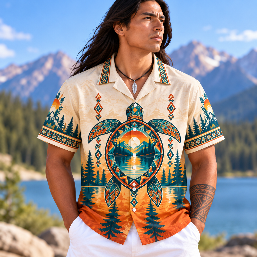 Orange Tribal Turtle Native American-Inspired 3D Hawaiian Shirt HWm037