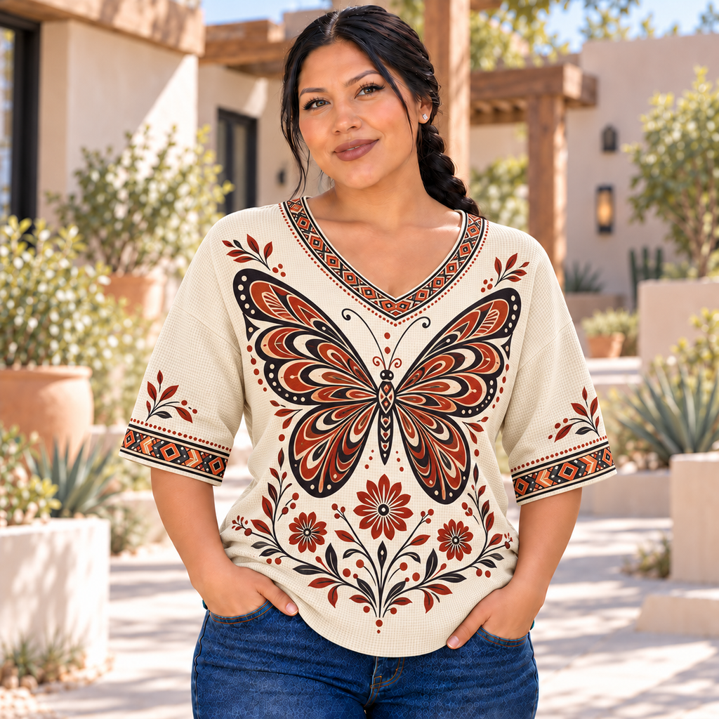 Ornamental Butterfly Garden Native American-Inspired Women's V-Neck 3-Quarter Sleeve Top WVS017