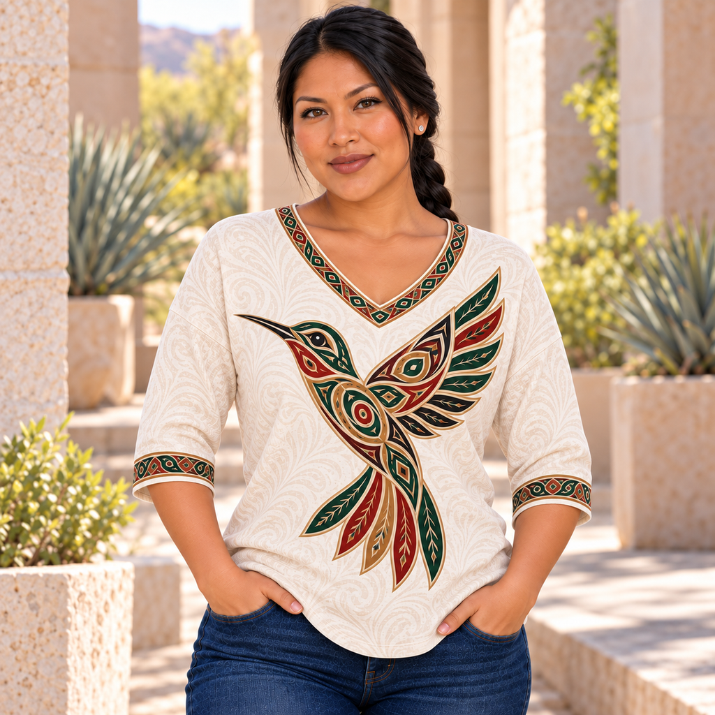 Ornamental Hummingbird Flight Native American-Inspired Women's V-Neck 3-Quarter Sleeve Top WVS018