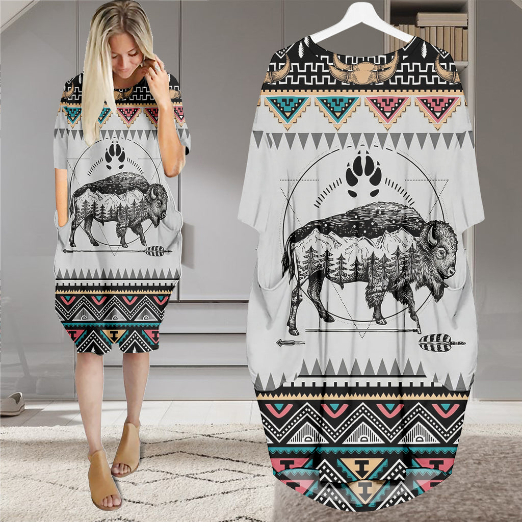 PBT-0043v2 Bison Native American Batwing Pocket Dress