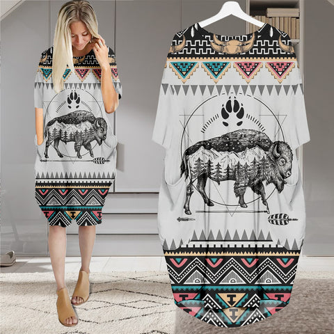 PBT-0043v2 Bison Native American Batwing Pocket Dress