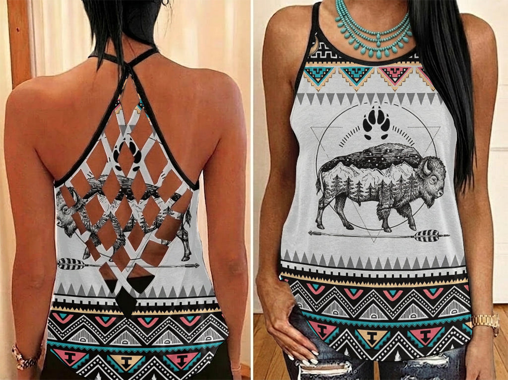PBT-0043v2 Bison Native American Criss-Cross Open Back Tank Top