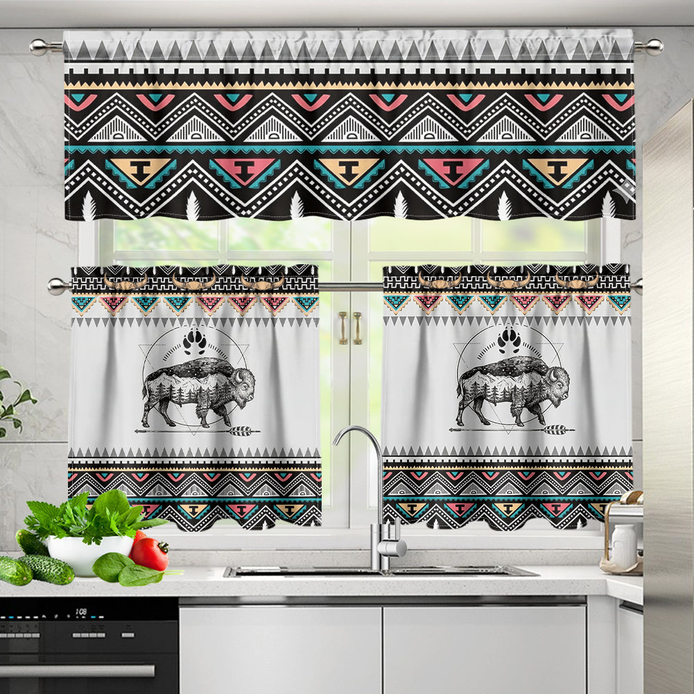 PBT-0043v2 Bison Native American Curtain Valance and Kitchen Tiers Set