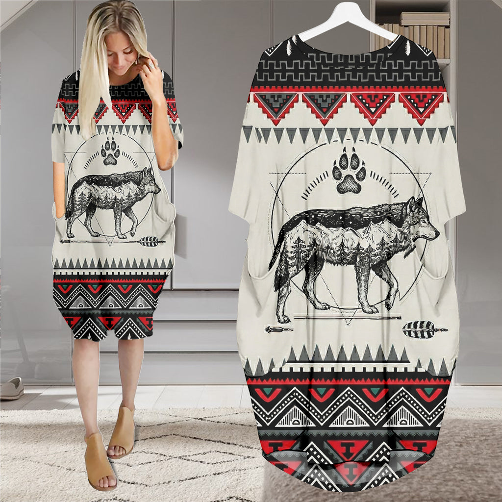 PBT-0043v3 Wolf Native American Batwing Pocket Dress